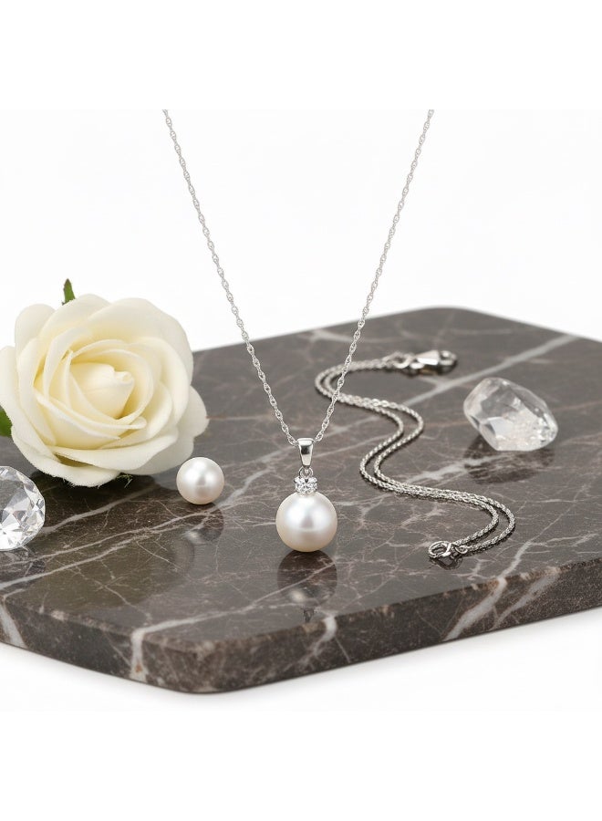 Sterling Silver 925 Freshwater Pearl Necklace with Cubic Zirconia Pendant, Elegant Women's Jewelry, Romantic Gift, 40 cm, Comes With Gift Box - Image 5